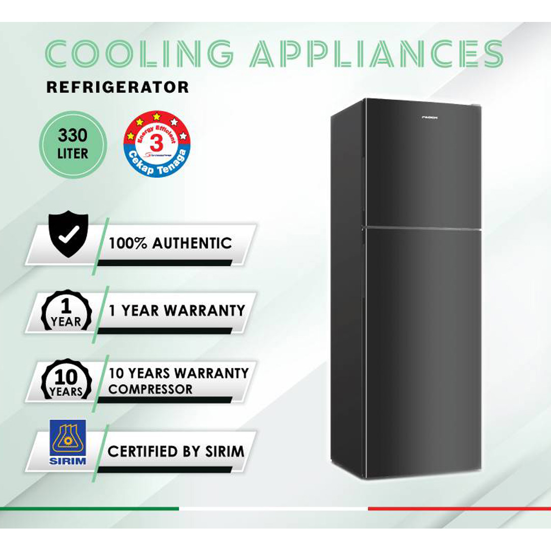 FABER 330L 2 Doors Refrigerator LUSSO 332BK | 20x Stronger Tempered Glass Tray | Refrigerant R600a | Fridge with 1 Year Warranty & Compressor with 10 Years Warranty