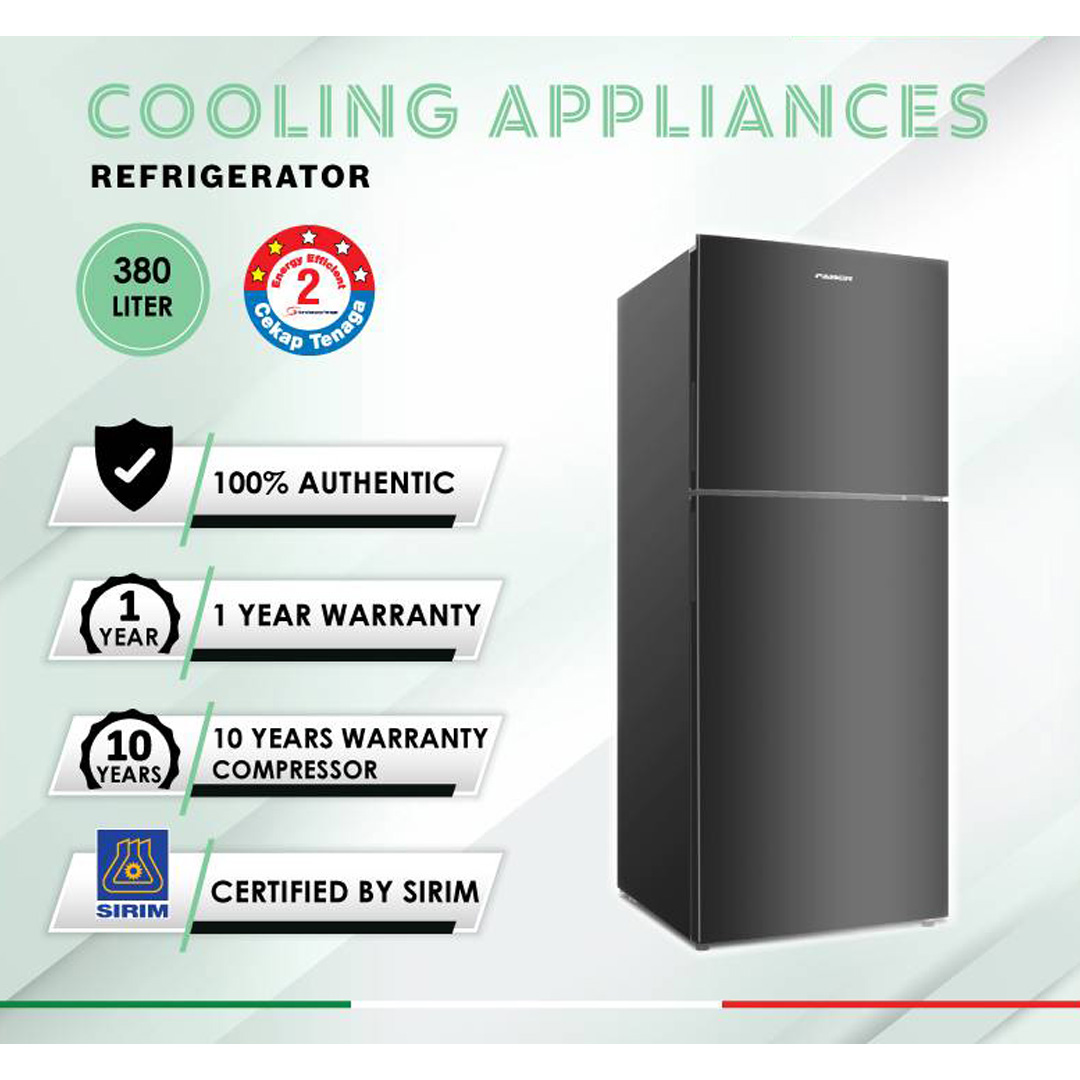 FABER 380L 2 Doors Refrigerator LUSSO 382BK | 20x Stronger Tempered Glass Tray | Refrigerant R600a | Fridge with 1 Year Warranty & Compressor with 10 Years Warranty