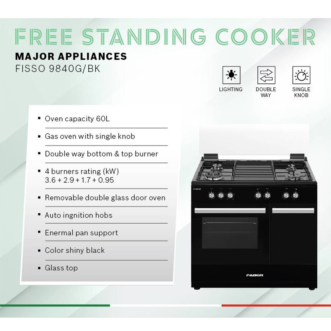 FABER 4 Burner Free Standing Cooker FISSO 9840G/BK | Gas Oven with Single Knob | Removable Double Glass Door Oven | Auto Ignition Hobs | Enamel Pan Support | Free Standing Cooker with 1 Year Warranty