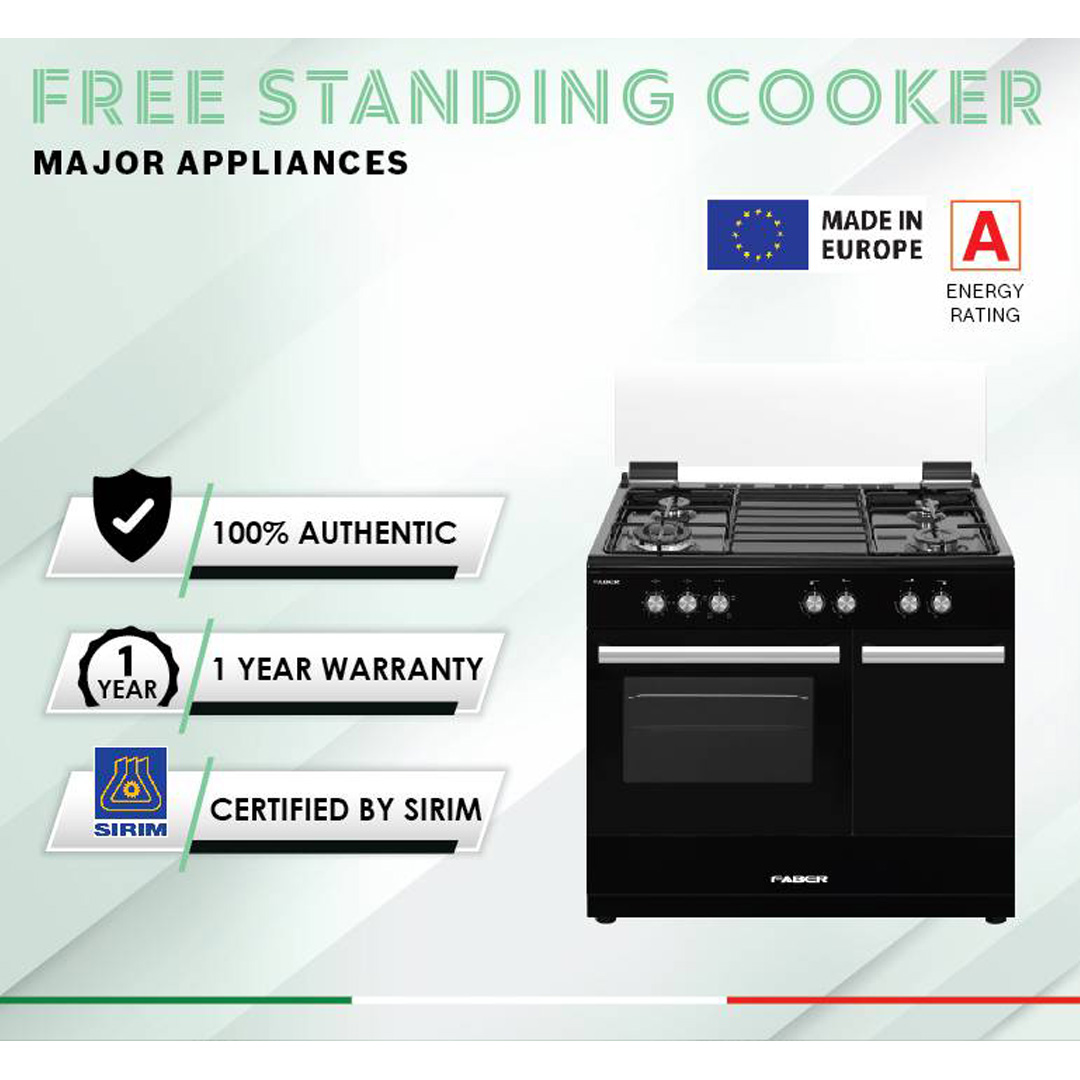FABER 4 Burner Free Standing Cooker FISSO 9844E/BK | Oven Capacity: 60L | Full Electric Oven with 5 Function | Auto Ignition Hobs | Enamel Pan Support | Cooker with 1 Year Warranty