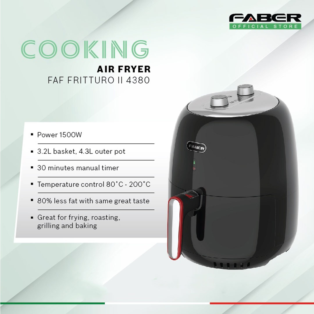 FABER 3.2L Air Fryer FAF FRITTURO II 4380 | 30 Minute Manual Timer | 80% Less Oil with Same Great Taste | Non Stick Food Pot & Food Basket | Air Fryer with 1 Year Warranty