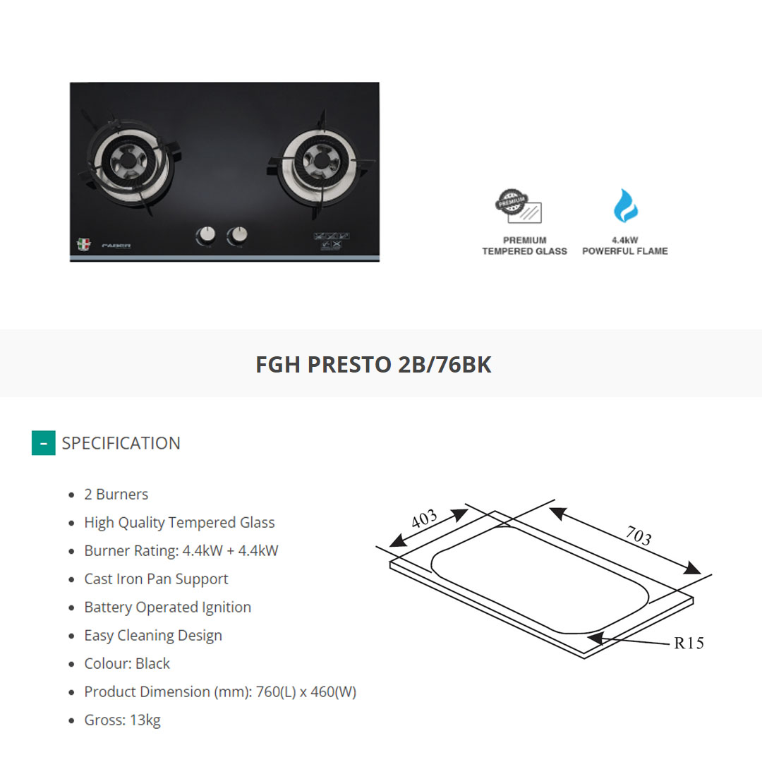 FABER 2 Burners Built-In Glass Hob FGH PRESTO 2B/76BK | Cast Iron Support | Easy Cleaning Design | Glass Hob with 1 Year Warranty