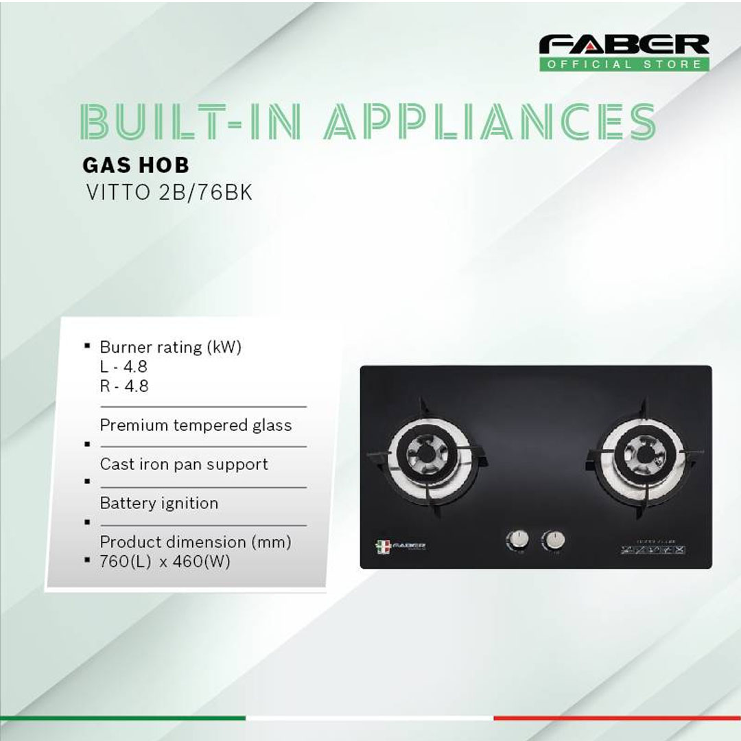 FABER 2 Burners Built-In Glass Hob FGH VITTO 2B/76BK | High Quality Tempered Glass | Battery Operated Ignition | Easy Cleaning Design | 2 Burners with 1 Year Warranty