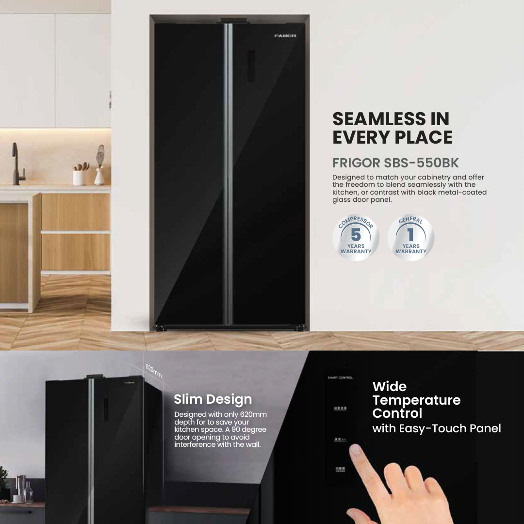 FABER 550L Side By Side Doors Inverter Refrigerator FRIGOR SBS-550BK | Climate Class : T | Inverter | Digital Panel | Recessed Handle | Refrigerator with 1 Year General & 5 Years Motor Warranty