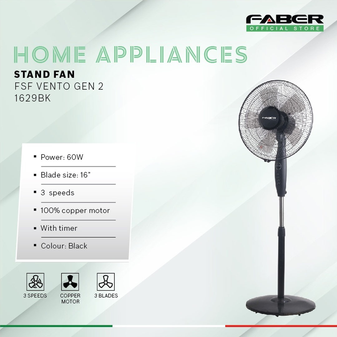 FABER 16" Stand Fan FSF VENTO GEN 2 1629BK | 3 Speed Selection | 5 Blades | 60Min Timer | 100% Copper Motor | Stand Fan with 1 Year Warranty