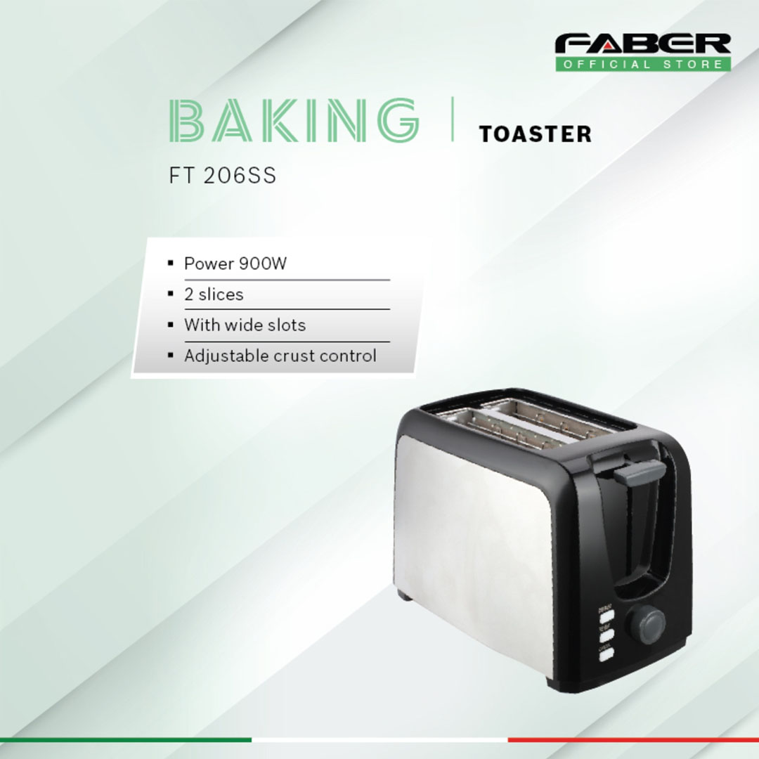 FABER 2 Slices Bread Toaster FT 206SS | 7 Toast Shade Setting | Removable Crumb Tray | With Cancel, Defrost & Reheat Function | Toaster with 1 Year Warranty
