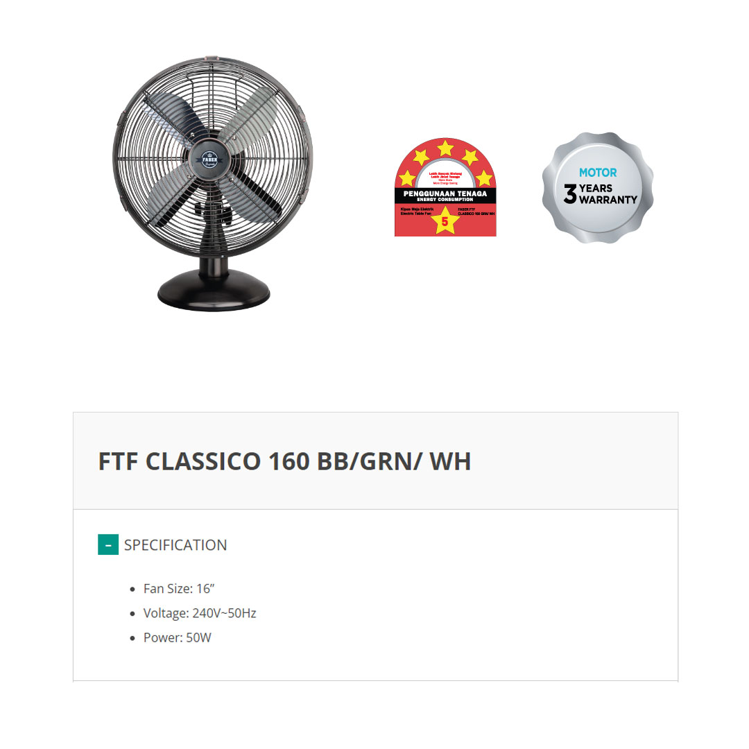 FABER 16” Table Fan FTF CLASSICO 160 | 4 Blades | 50W Power | 4 Speed | Fan with 1 Year Warranty