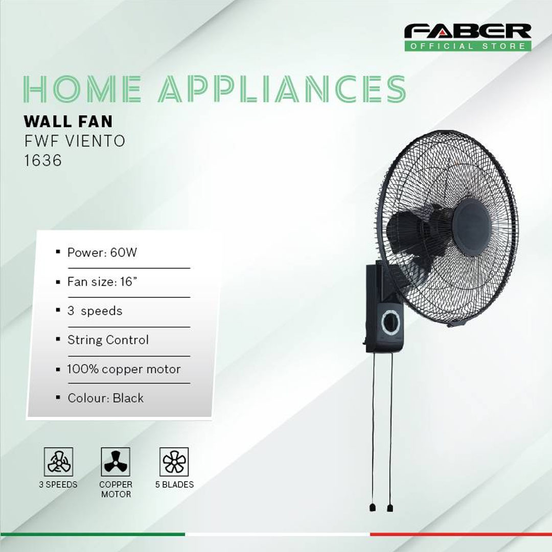 FABER 16" Wall Fan FWF VIENTO 1636 | 3 Speeds Selection | 100% Copper Motor | Wall Fan with 1 Year General Warranty & 2 Years Motor Warranty