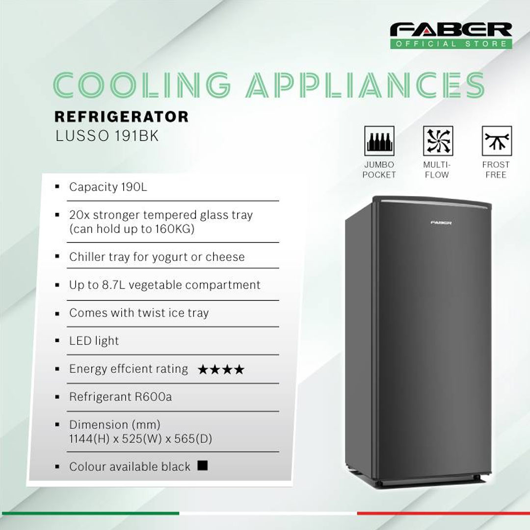 FABER 190L 1 Door Refrigerator LUSSO 191BK | 20x Stronger Tempered Glass Tray | Refrigerant R600a | Fridge with 1 Year Warranty & Compressor with 10 Years Warranty