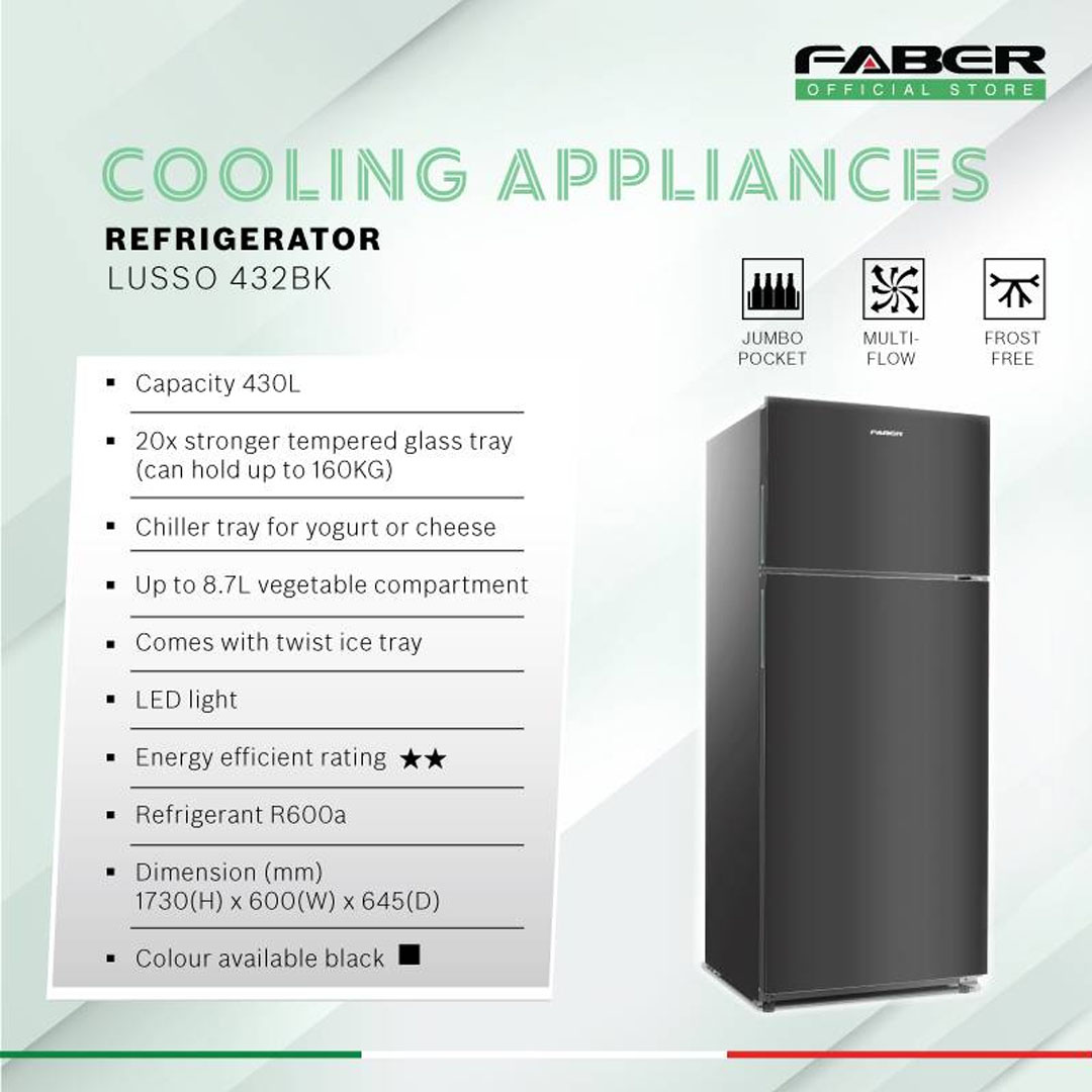 FABER 430L 2 Doors Refrigerator LUSSO 432BK | 20x Stronger Tempered Glass Tray | Refrigerant R600a | Fridge with 1 Year Warranty & Compressor with 10 Years Warranty