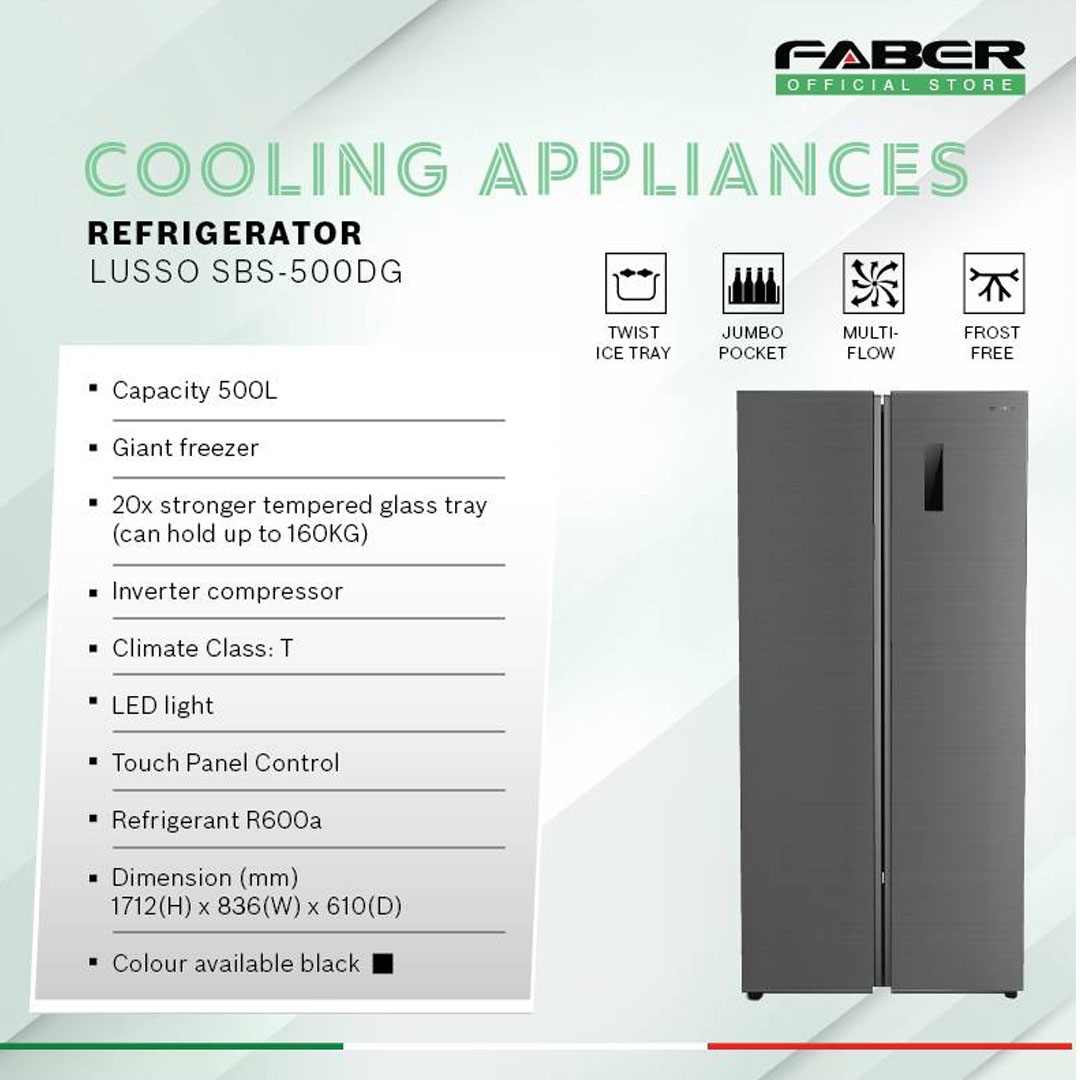 FABER 500L Side By Side Doors Inverter Refrigerator LUSSO SBS-500DG | 20x Stronger Tempered Glass Tray | Refrigerant R600a | Fridge with 1 Year Warranty & Compressor with 10 Years Warranty