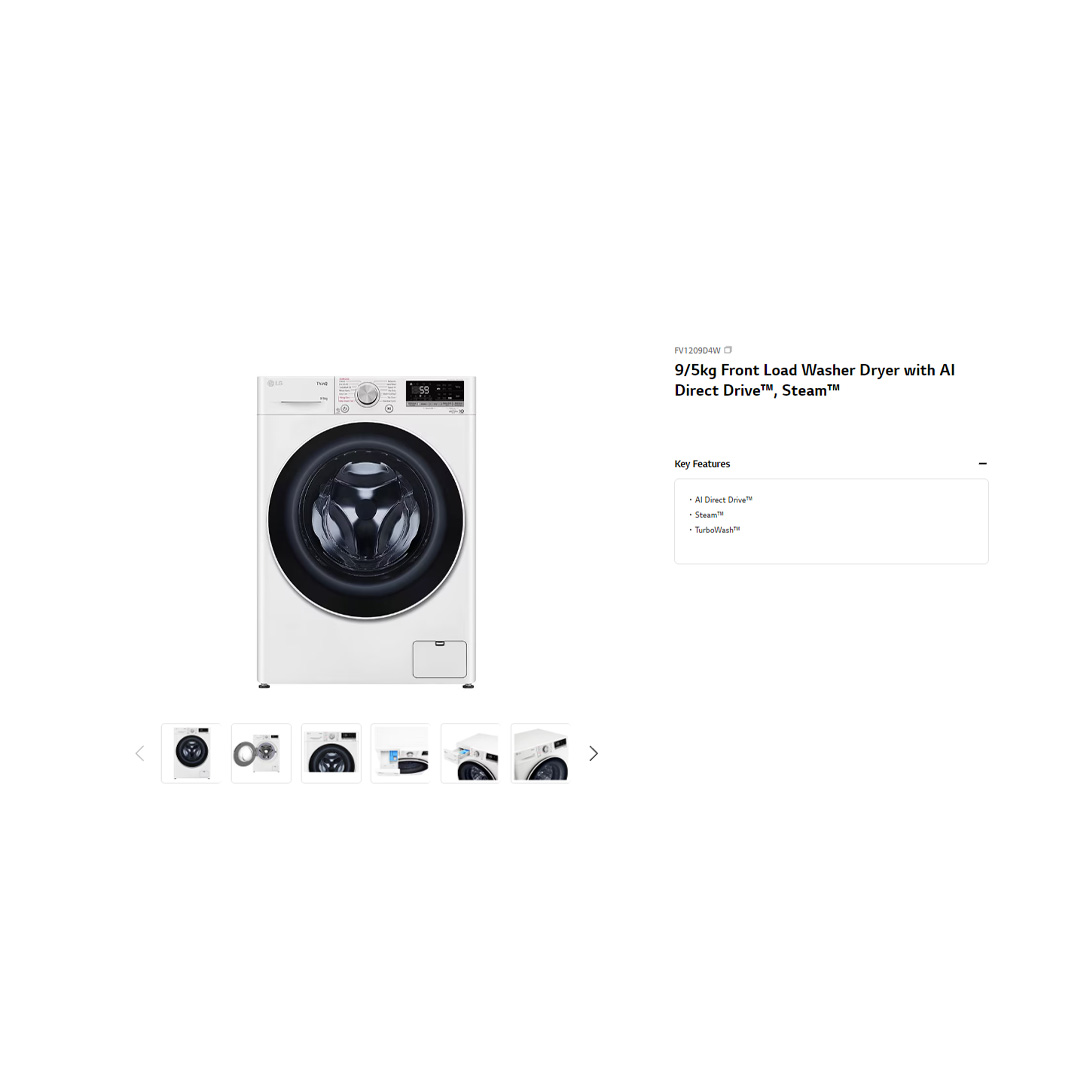 LG 9KG/5KG Front Load Washer Dryer with AI Direct Drive FV1209D4W  | 6 Motion | Smart Diagnosis | Easy Care | Cotton+ | Rinse+Spin | Quick 30 | Load Washer with 1 Year Warranty