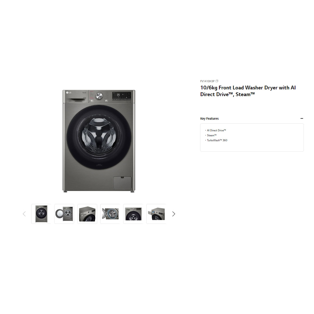 LG 10KG/6KG Front Load Washer Dryer with AI Direct Drive  FV1410H3P | Steam™ | TurboWash™ | 360 Full Stainless Lifter | Washer Dryer with 1 Year Warranty