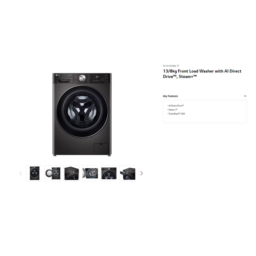 LG 13KG/8KG Front Load Washer Dryer with AI Direct Drive FV1413H2BA | Steam+™ | TurboWash™ | 360 eZDispense™ | Washer Dryer with 1 Year Warranty