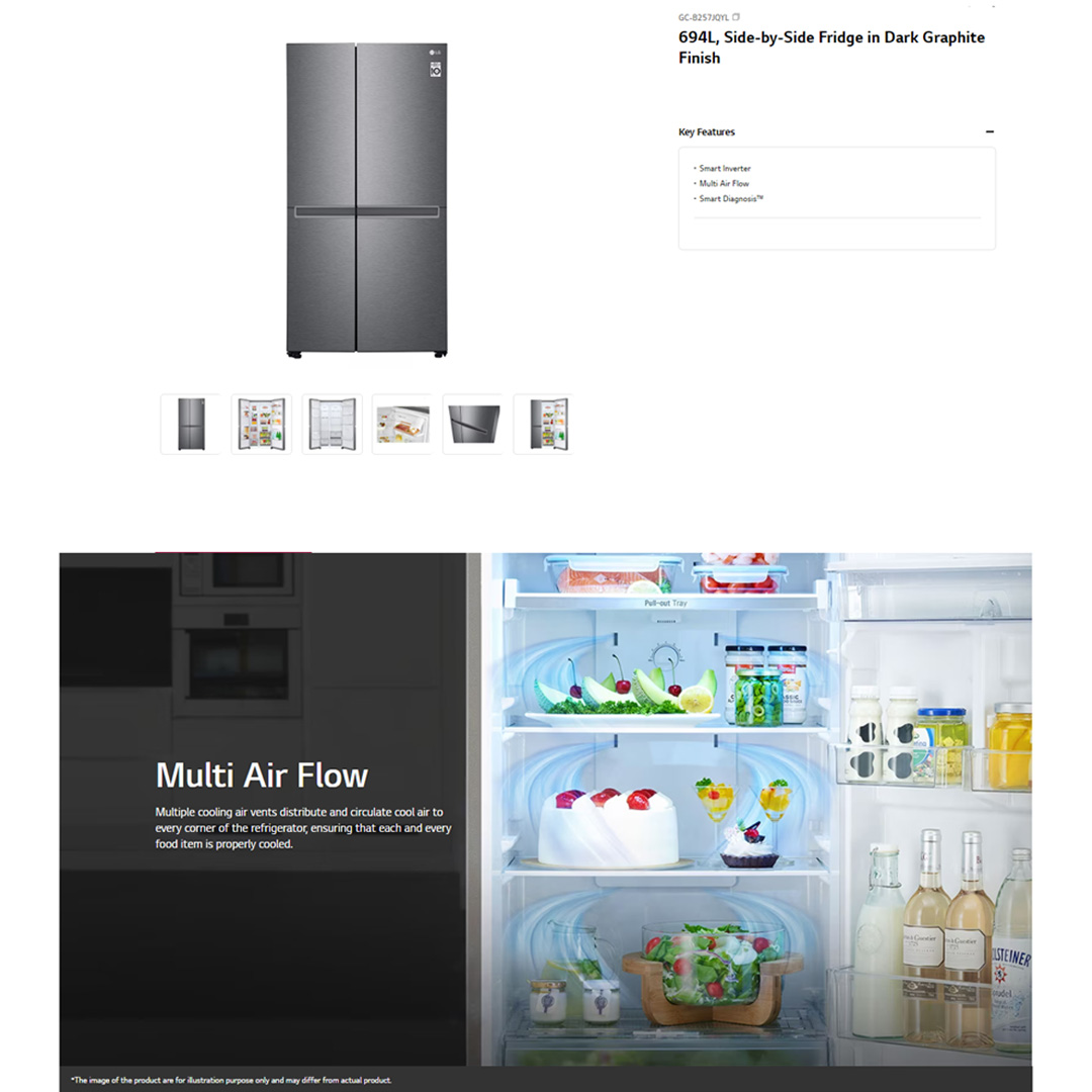 LG 694L Side by Side Smart Inverter Refrigerator GC-B257JQYL | Multi Air Flow | Smart Diagnosis™ | Express Freeze | Refrigerator with 1 Year Warranty