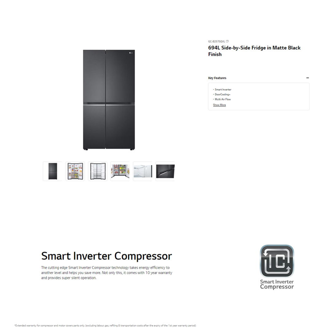 LG 694L Side by side Smart Inverter Refrigerator GC-B257SQVL | DoorCooling+ | Multi Air Flow | Fresh 0 Zone | Refrigerator with 1 Year Warranty