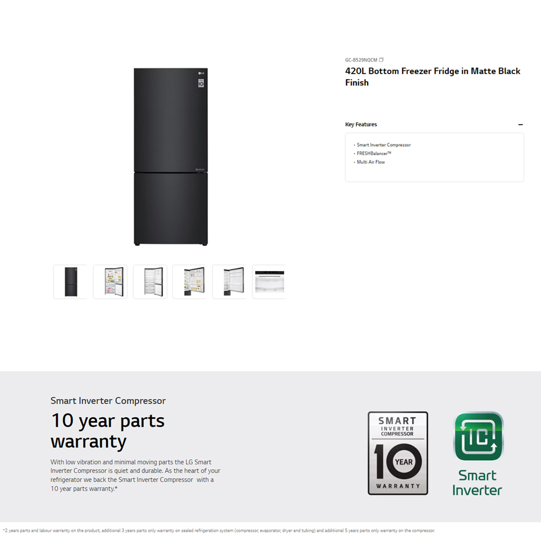 LG 420L 2 Doors Bottom Mount Smart Inverter Refrigerator GC-B529NQCM | FRESHBalancer™ | Multi Air Flow | Moist Balance Crisper | Refrigerator with 1 Year Warranty
