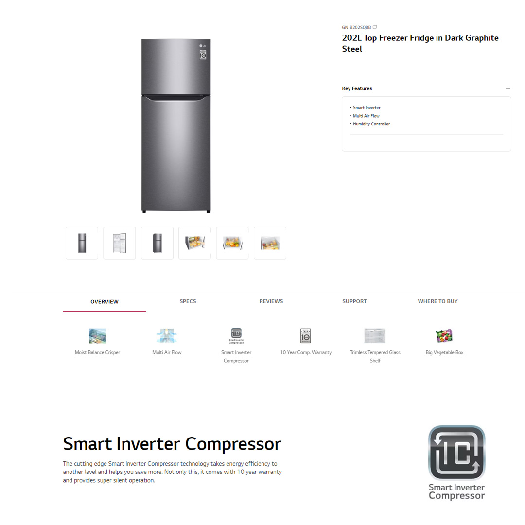 LG 202L 2 Doors Top Mount Smart Inverter Refrigerator GN-B202SQBB  | Humidity Controller | Moist Balance Crisper | Big Vegetable Box | Refrigerator with 1 Year Warranty