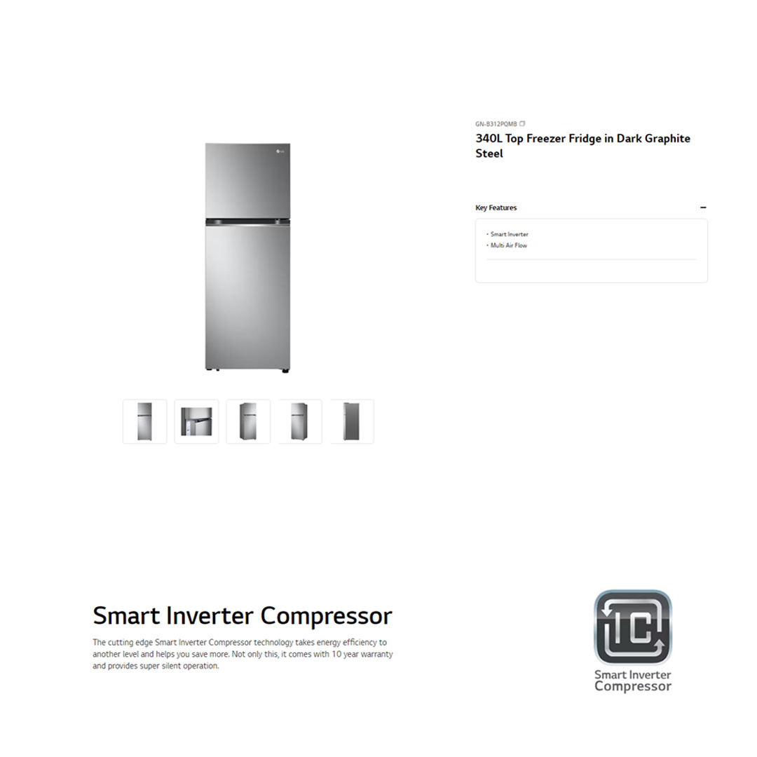LG 340L 2 Doors Top Mount Smart Inverter Refrigerator GN-B312PQMB | Smart Inverter | Multi Air Flow | No Frost | Refrigerator with 1 Year Warranty