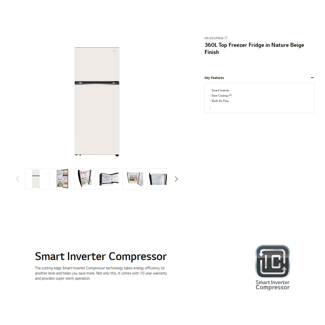 LG 360L 2 Doors Top Mount Smart Inverter Refrigerator GN-B332PBGB | Door Cooling+™ | Multi Air Flow | Smart Diagnosis™ | Refrigerator with 1 Year Warranty
