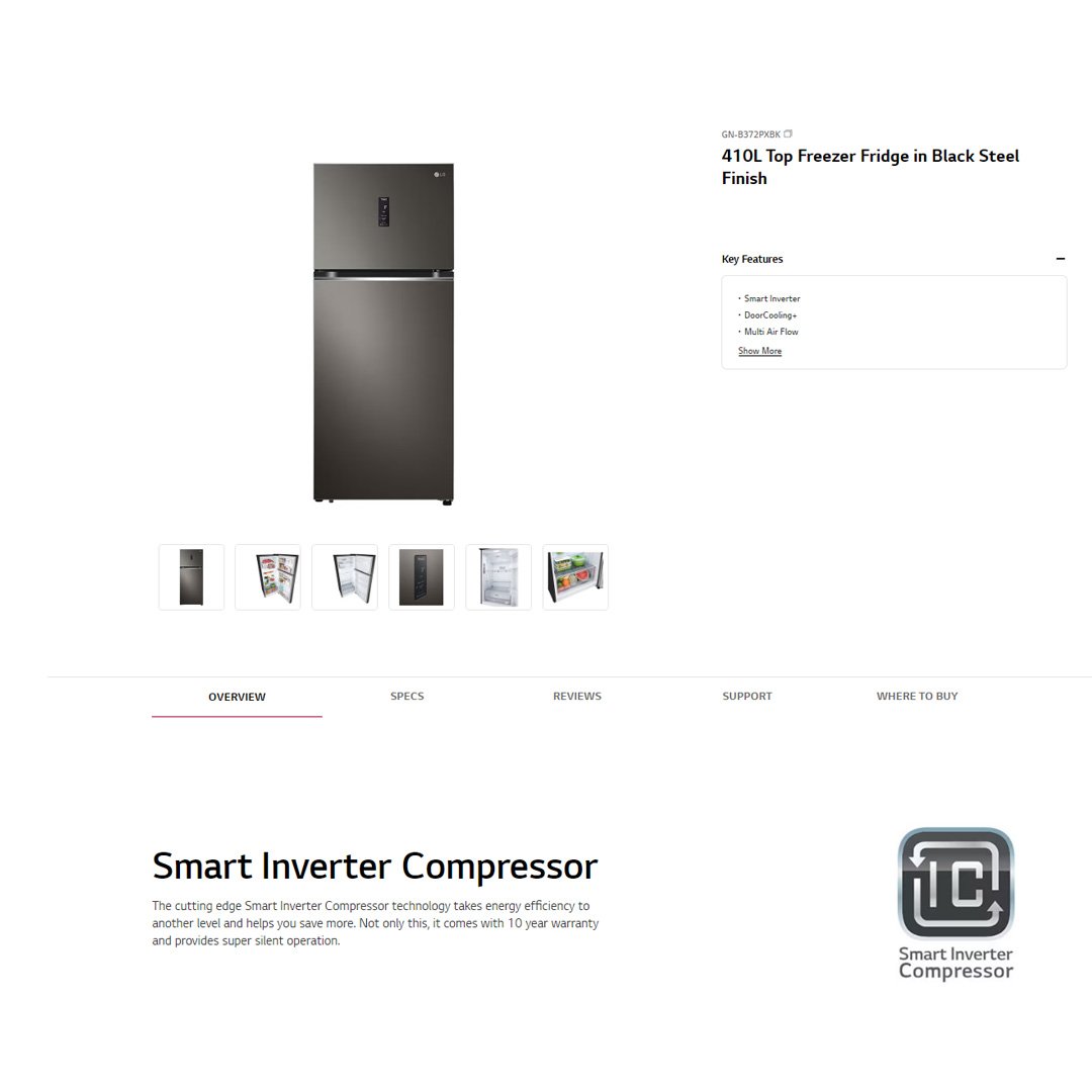 LG 410L 2 Doors Top Mount Smart Inverter Refrigerator GN-B372PXBK | Hygiene Fresh+™ | Fresh 0 Zone | Smart Diagnosis™ | Refrigerator With 1 Year Warranty