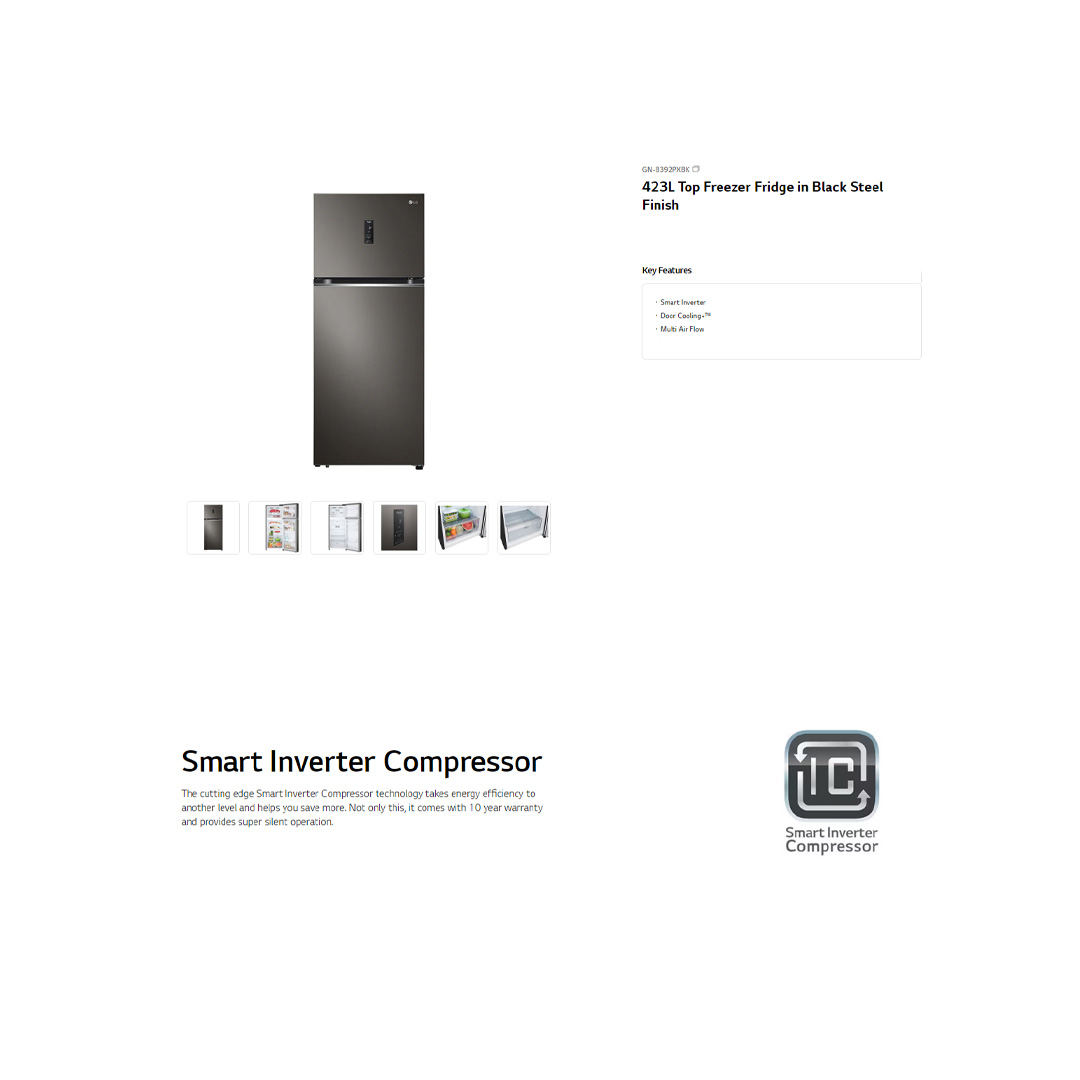 LG 423L 2 Doors Top Mount Smart Inverter Refrigerator GN-B392PXBK | Hygiene Fresh+™ | Fresh 0 Zone | Smart Diagnosis™ | Refrigerator with 1 Year Warranty