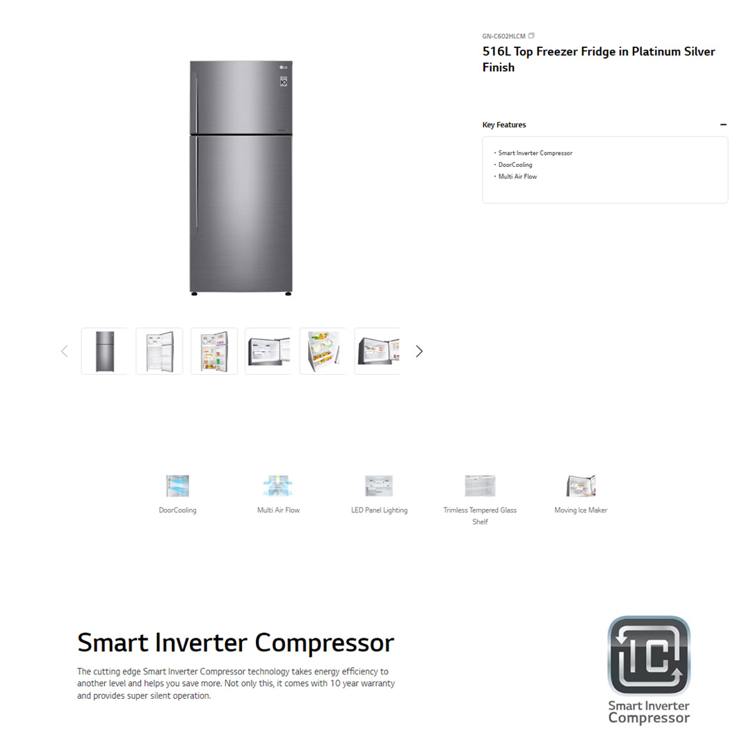 LG 516L 2 Doors Top Mount Smart Inverter Refrigerator GN-C602HLCM | Multi Air Flow | Moving Ice Tray | Smart Diagnosis | Refrigerator with 1 Year Warranty