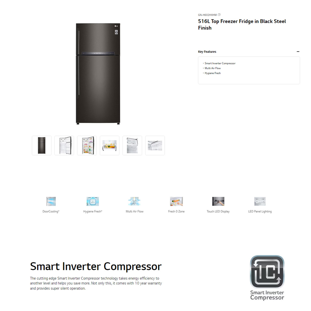 LG 516L 2 Doors Top Mount Smart Inverter Refrigerator GN-H602HXHM | Fresh 0 Zone | Touch LED Display | ThinQ | Refrigerator with 1 Year Warranty