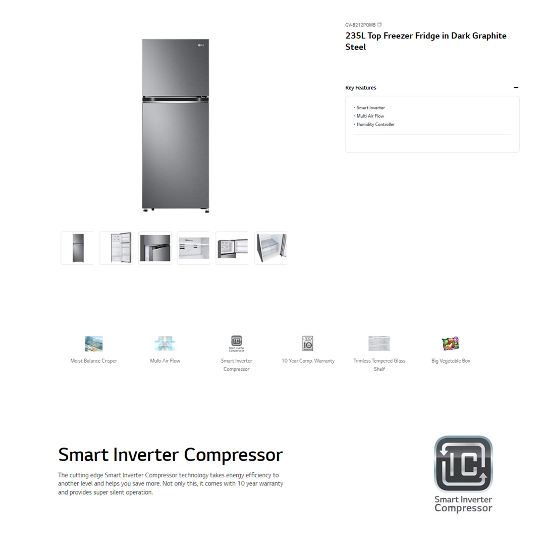 LG 235L 2 Doors Top Mount Smart Inverter Refrigerator GV-B212PQMB | Humidity Controller | Moist Balance Crisper | Multi Air Flow | Refrigerator with 1 Year Warranty