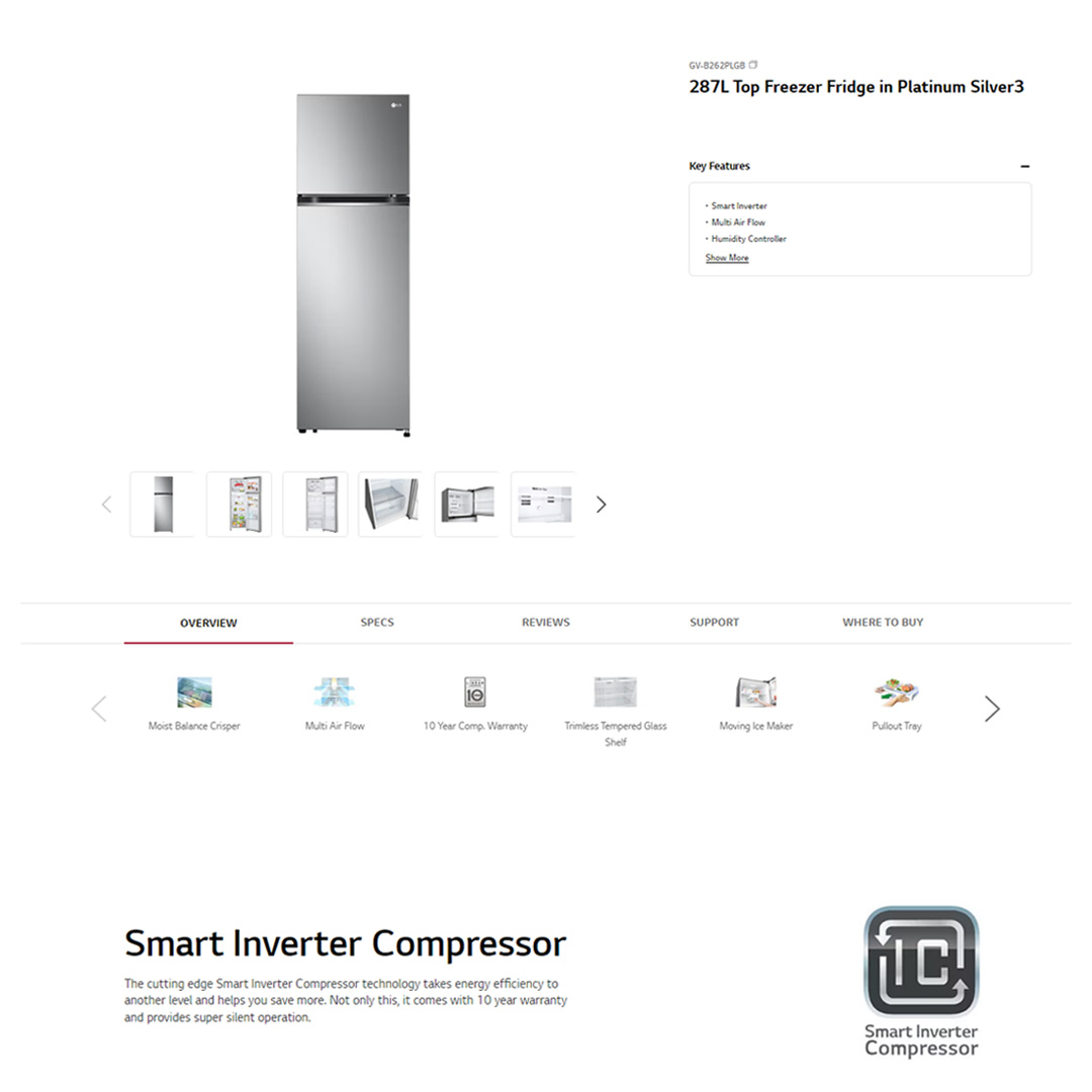 LG 287L 2 Doors Top Mount Smart Inverter Refrigerator GV-B262PLGB | Humidity Controller | Moist Balance Crisper | Smart Diagnosis | Refrigerator with 1 Year Warranty