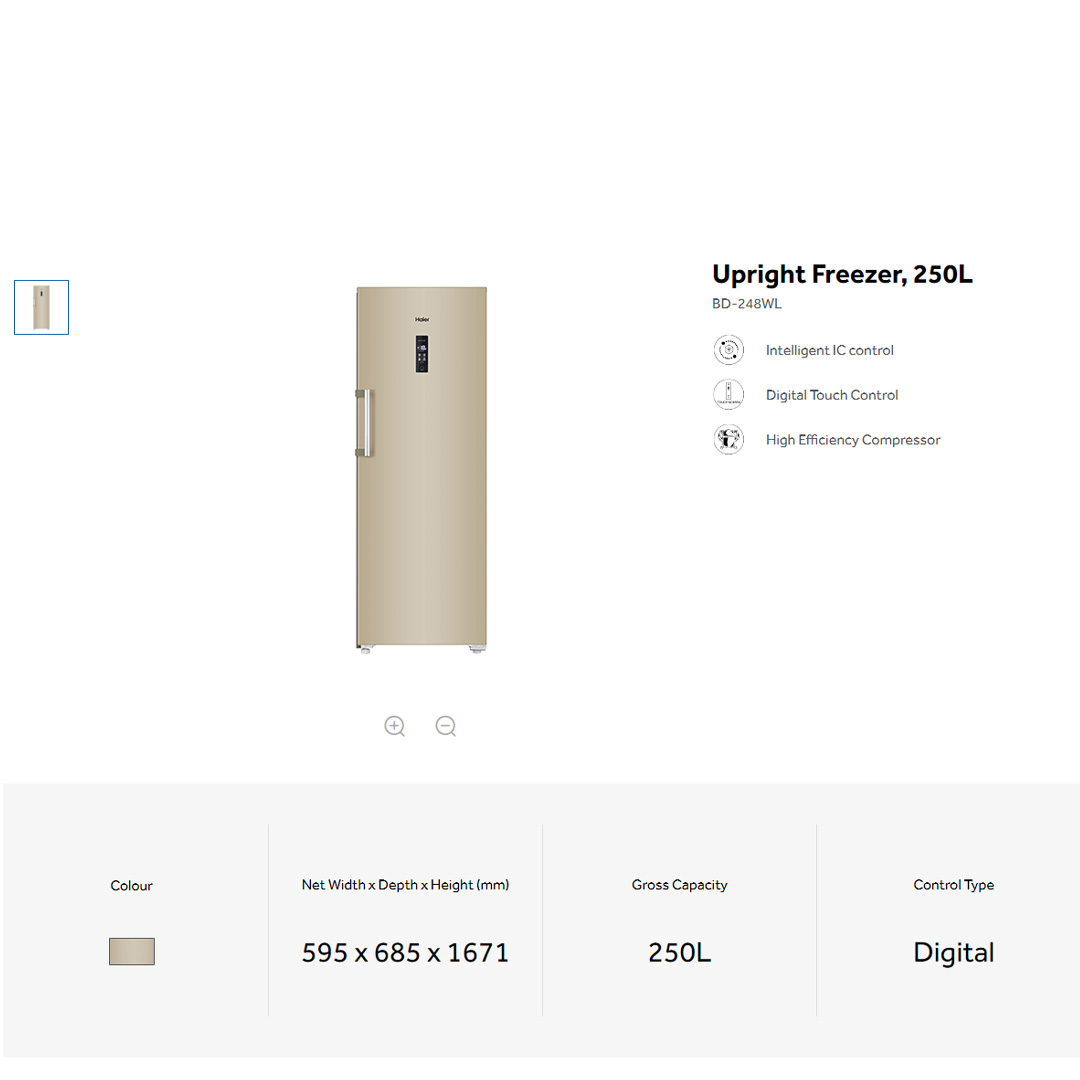 HAIER 250L Upright Freezer BD-248WL | Top LED | Anti-Bacteria | Child Lock | Fast Freezing | Eco Mode | Alarm Indicator | Digital Control | Chest Freezer with 2 Year Warranty