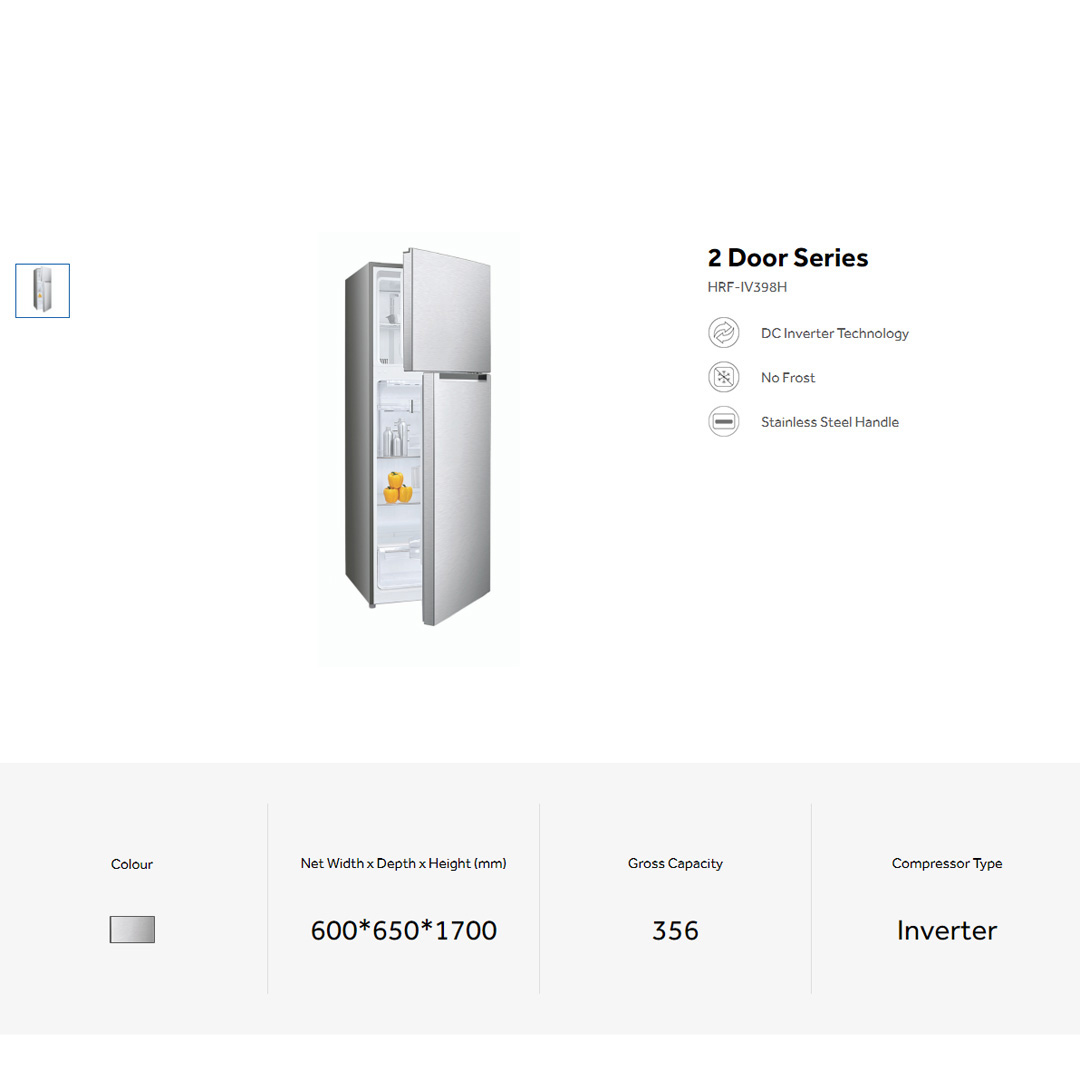 HAIER 356L 2 Doors Top Mount DC Inverter Refrigerator HRF-IV398H | No Frost | LED Lighting | Ice Maker | Humidity Control | Door Pocket | Refrigerators with 2 Year Warranty