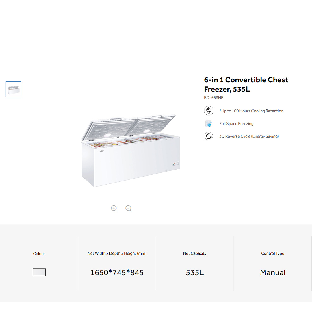 HAIER 535L 6-in 1 Convertible Chest Freezer BD-568HP |  Interior LED Light | Fast Freezing Mode | PCM Metal Inner Plate | Chest Freezers With 2 Years Warranty