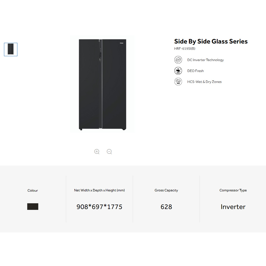 HAIER 628L Side By Side DC Inverter Refrigerator HRF-619SI(B) | No Frost | Touch LED | Door Pocket | Ice Maker | Humidity Control | Refrigerators with 2 Years Warranty