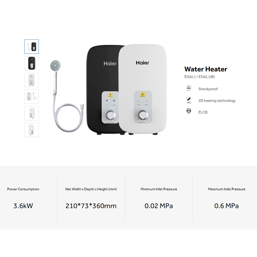 HAIER 3600W Non Pump Water Heater EI36L1(B)/EI36L1 | 3D Heating Technology | Dual Temperature Protection | Shockproof | Water Heater with 2 Year Warranty