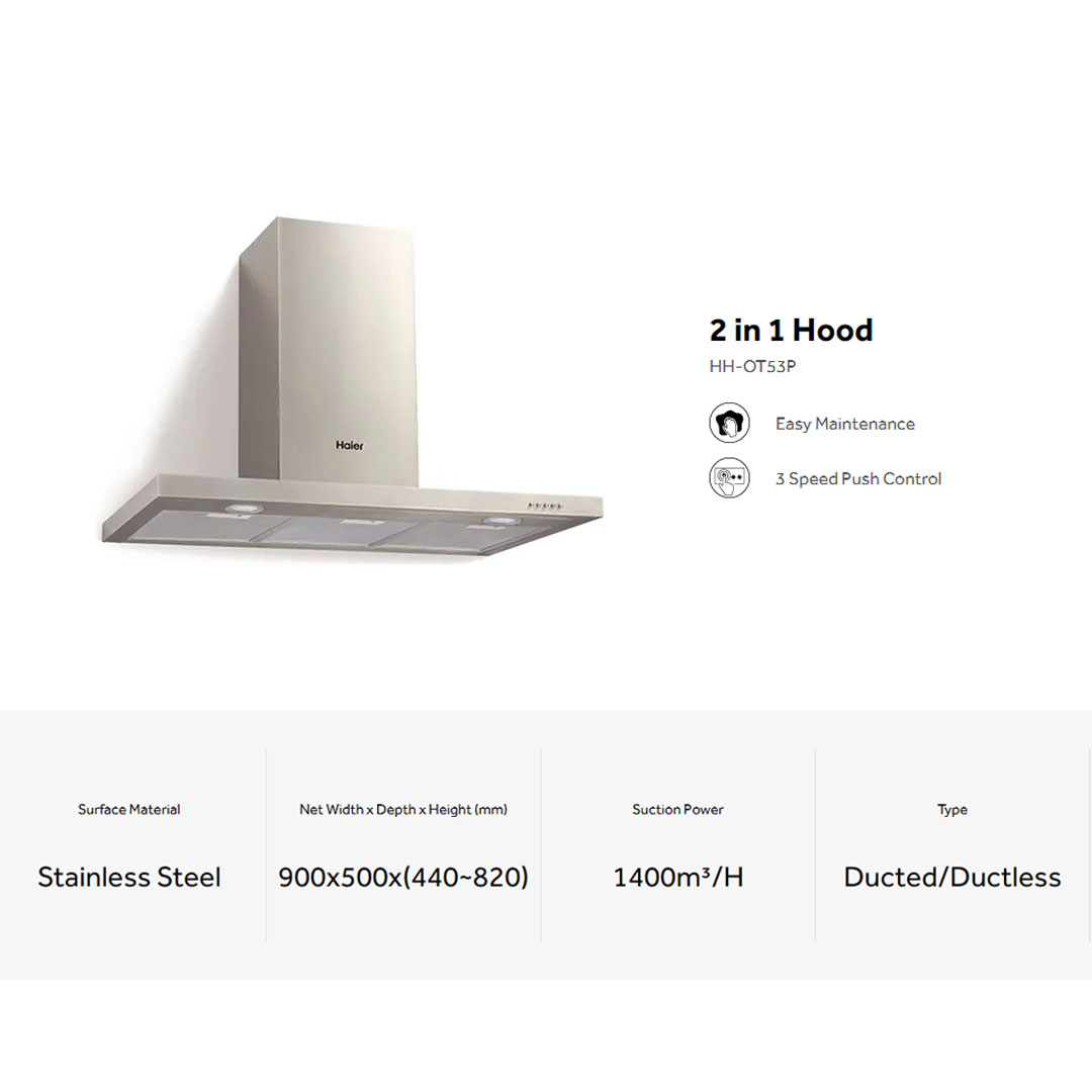 HAIER 1400m3/h 2 In 1 Hood HH-OT53P | 2 In 1 Hood | 3 Aluminium Filter | Charcoal Filter | 3 Speed Push Control | Hood with 3 Year Warranty