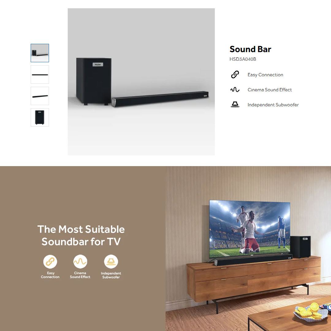 HAIER 120W Sound Bar HSD3A040B | Cinema Sound Effect | Independent Subwoofer | Easy Connection | HDMI ARC | Bluetooth |  Sound Bar with 1 Year Warranty