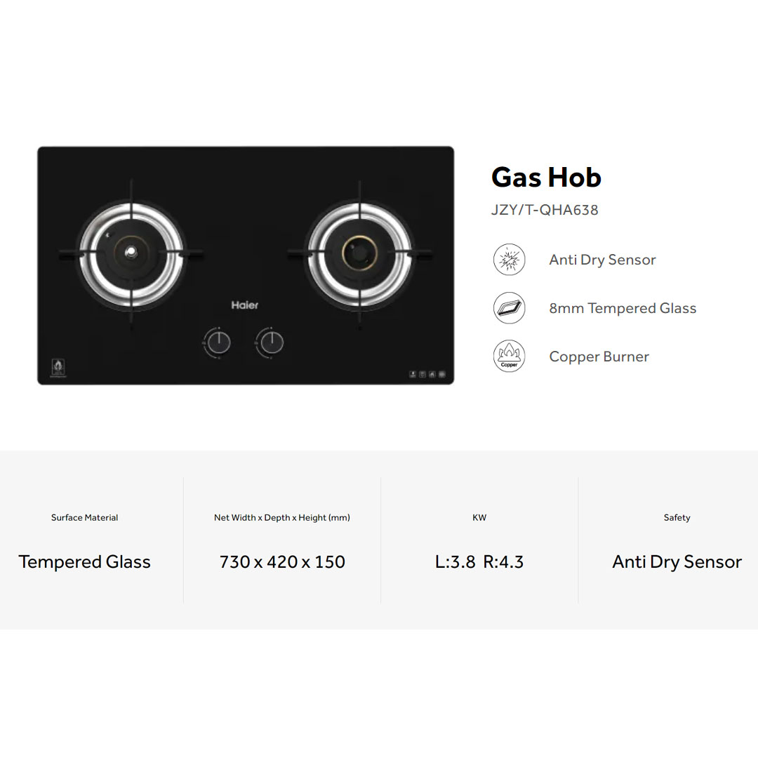 HAIER 2 Burners Built-In Gas Hob JZY/T-QHA638 | Anti Dry Sensor | 8mm Tempered Glass | Copper Burner | Auto Ignition Switch | Gas Hob with 2 Year Warranty