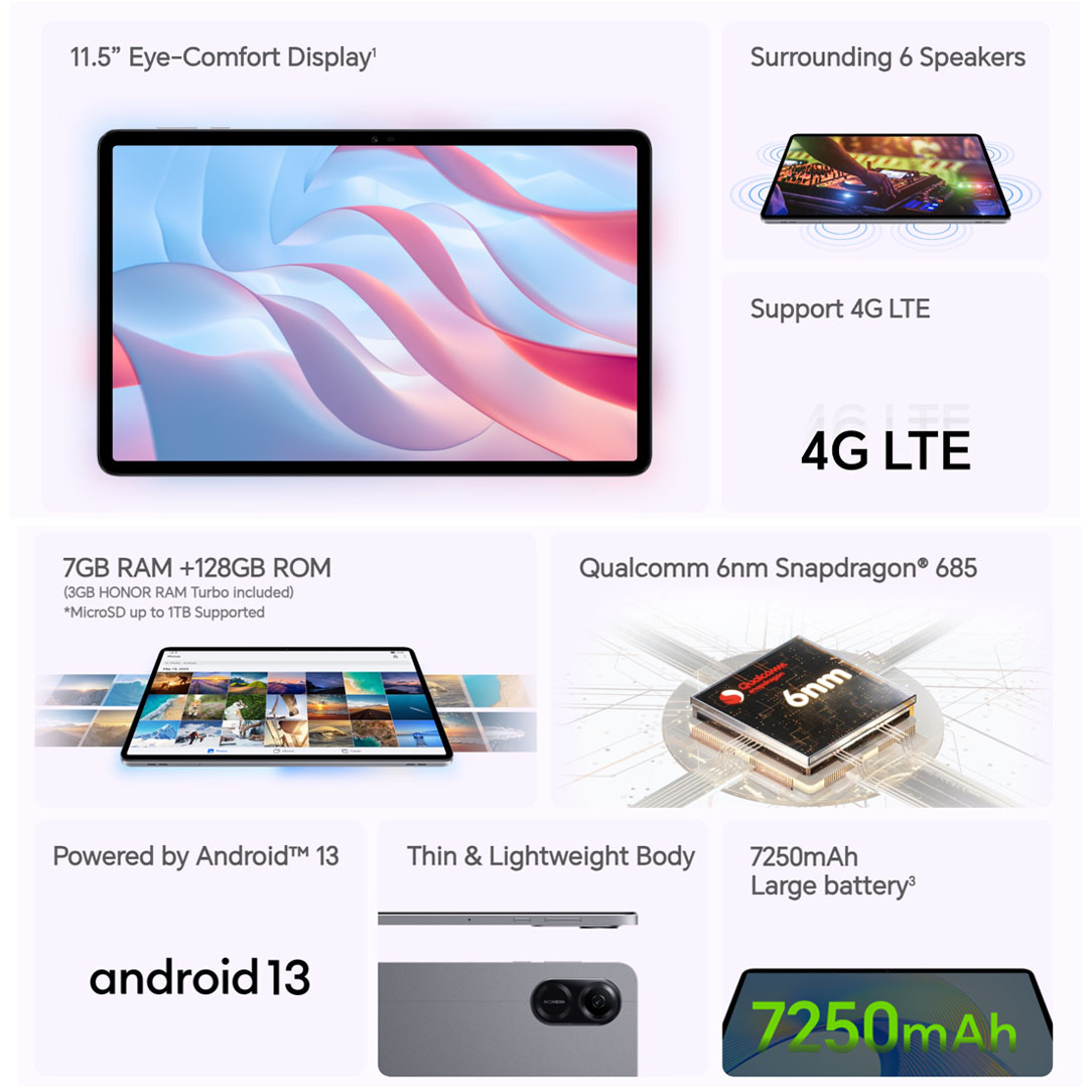 HONOR Pad X9 | 4GB+128GB | 11.5” Eye-Comfort Display | Qualcomm 6nm Snapdragon® 685 | Thin & Lightweight Body | 7250mAh Large battery | Tablet with 1 Year Warranty
