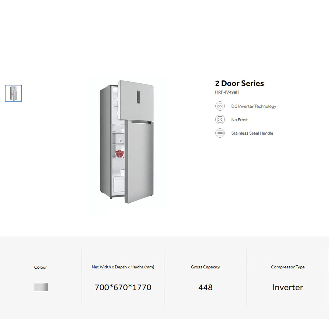 HAIER 448L 2 Doors Top Mount DC Inverter Refrigerator HRF-IV498H | DC Inverter Technology | Stainless Steel Handle | LED Lighting | Ice Maker | Humidity Control | Refrigerator with 2 Year Warranty