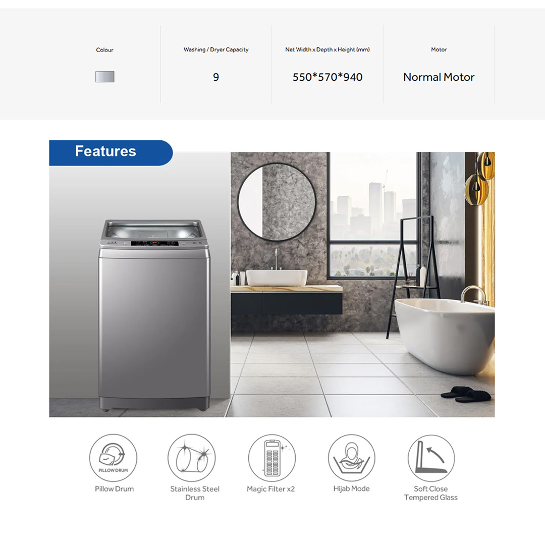 HAIER 9KG Top Load Magic Filter Washing Machines HWM90-M826 | Magic Filter x2 | Pillow Drum | Soft Close Tempered Glass | Hijab Mode | Washing Machine with 2 Year Warranty