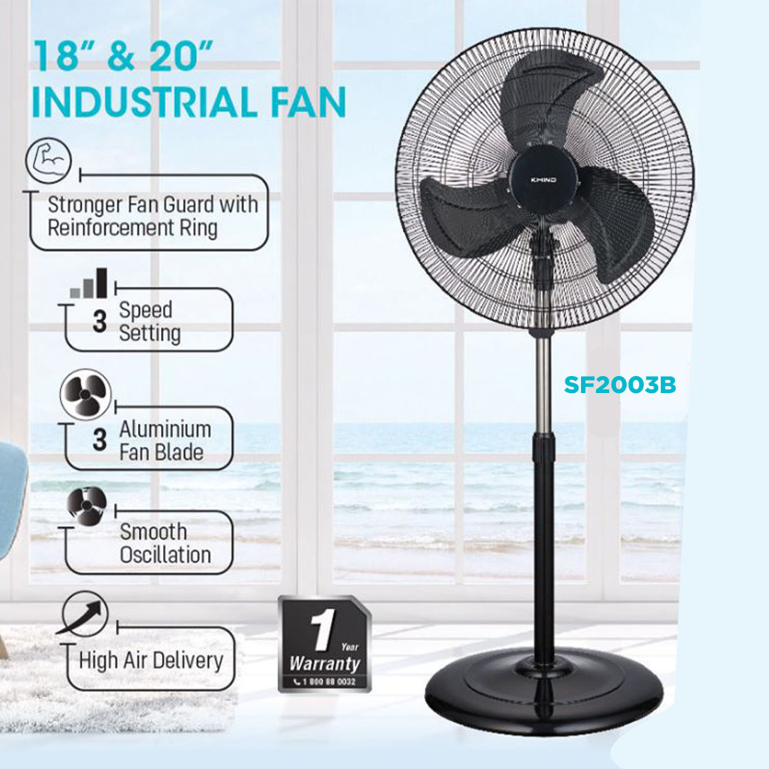 KHIND 20" Industrial Stand Fan SF2003B | 3 Speed Setting | 3 Aluminium Fan Blade | Smooth Oscillation | High Air Delivery | Stand Fan with 1 Year Warranty