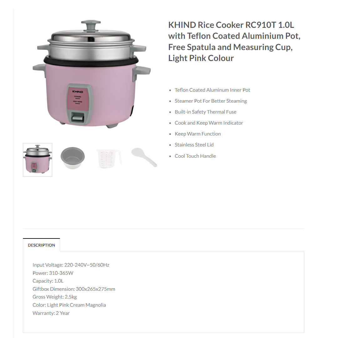 KHIND 1L Electric Rice Cooker RC910T | FREE Steam Tray | Built-in Safety Thermal Fuse | Teflon Inner Pot | Cook & Keep Warm Indicator | Cool Touch Handle | Rice Cooker with 2 Years Warranty