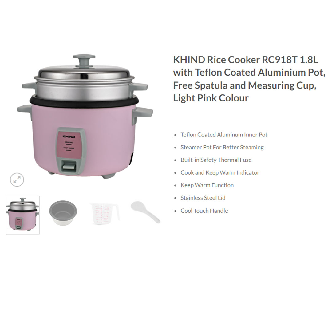KHIND 1.8L Rice Cooker RC918T | FREE Steam Tray | Built-in Safety Thermal Fuse | Teflon Inner Pot | Cook & Keep Warm Indicator | Rice Cooker with 2 Years Warranty