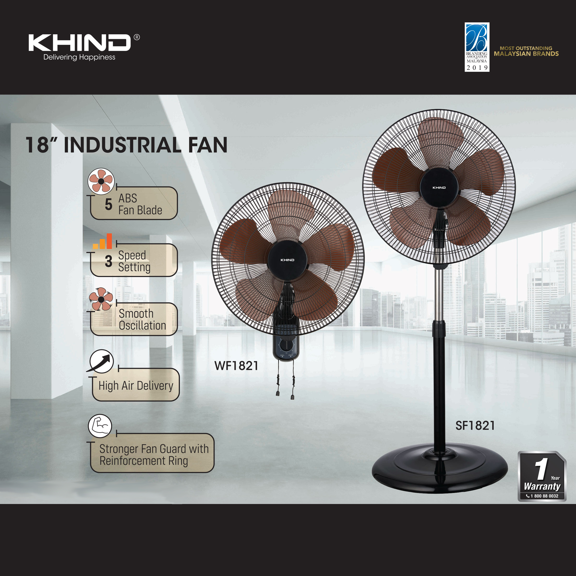 KHIND 18" Industrial Stand Fan SF1821 | 5 ABS Fan Blade | 3 Speed Setting | Smooth Oscillation | High Air Delivery | Stand Fan with 1 Year General Warranty