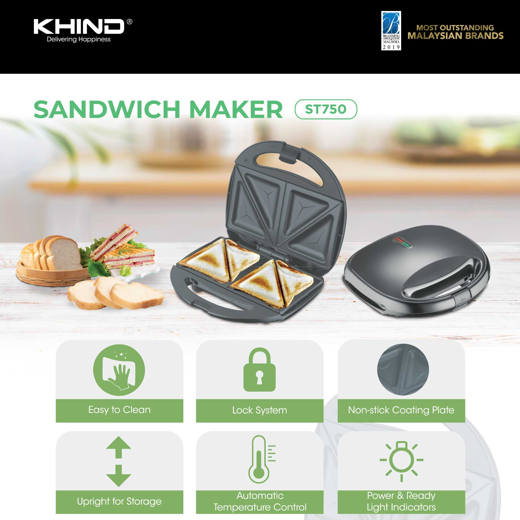 KHIND Sandwich Maker ST750 | Easy to Clean | Lock System | Non-Stick Coating Plate | Upright for Storage | Sandwich Maker with 1 Year General Warranty