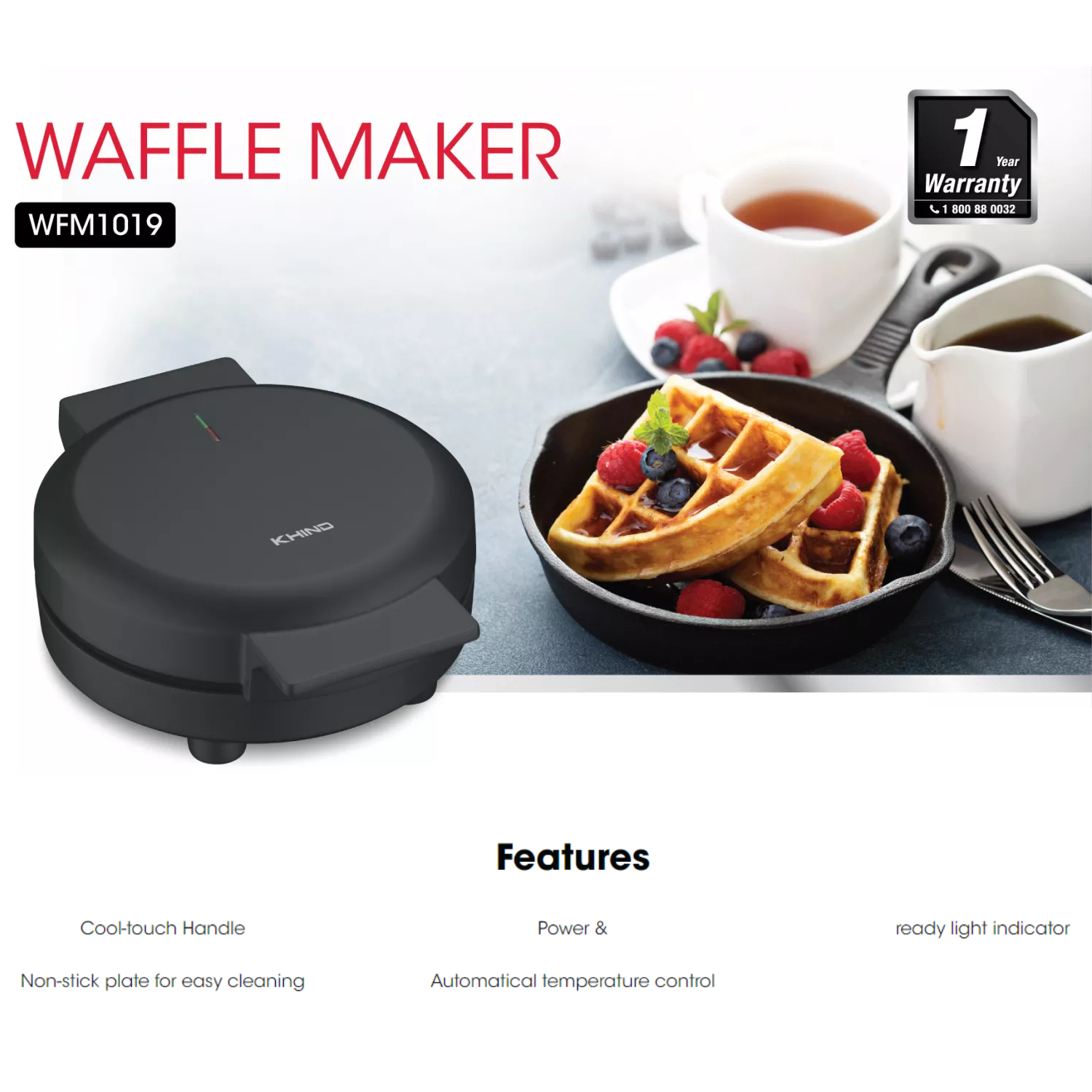 KHIND Waffle Maker WFM1019 | Cool-touch Handle | Power & Ready Light lndicator | Non-stick Plate For Easy Cleaning | Automatical Temperature Control | Waffle Maker with 1 Year General Warranty