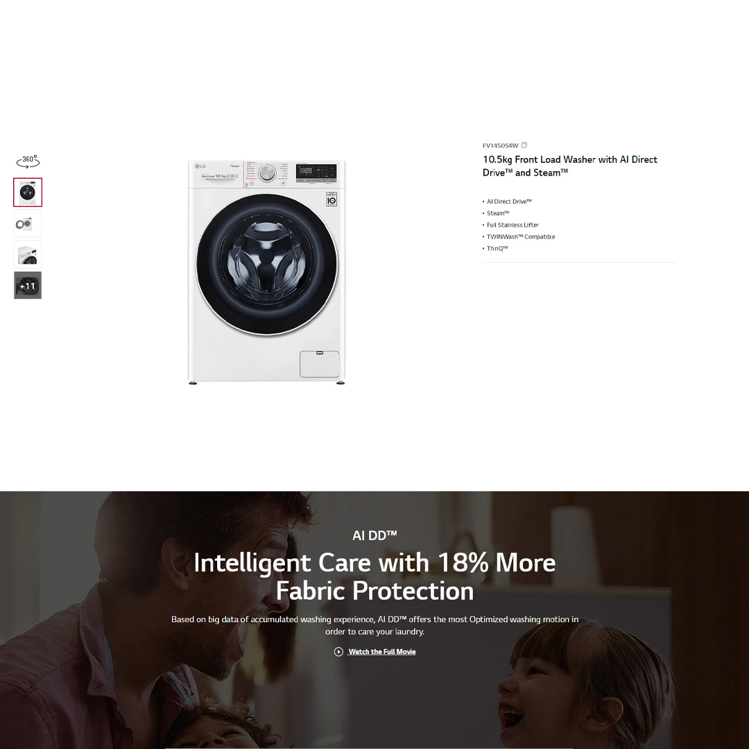 LG 10.5KG Front Load Washer with AI Direct Drive and Steam FV1450S4W | 6 Motion | Smart Diagnosis | Wifi | Tub Clean | Easy Care | Silent Wash | Smart Appliance | Loa Washer with 1 Year Warranty