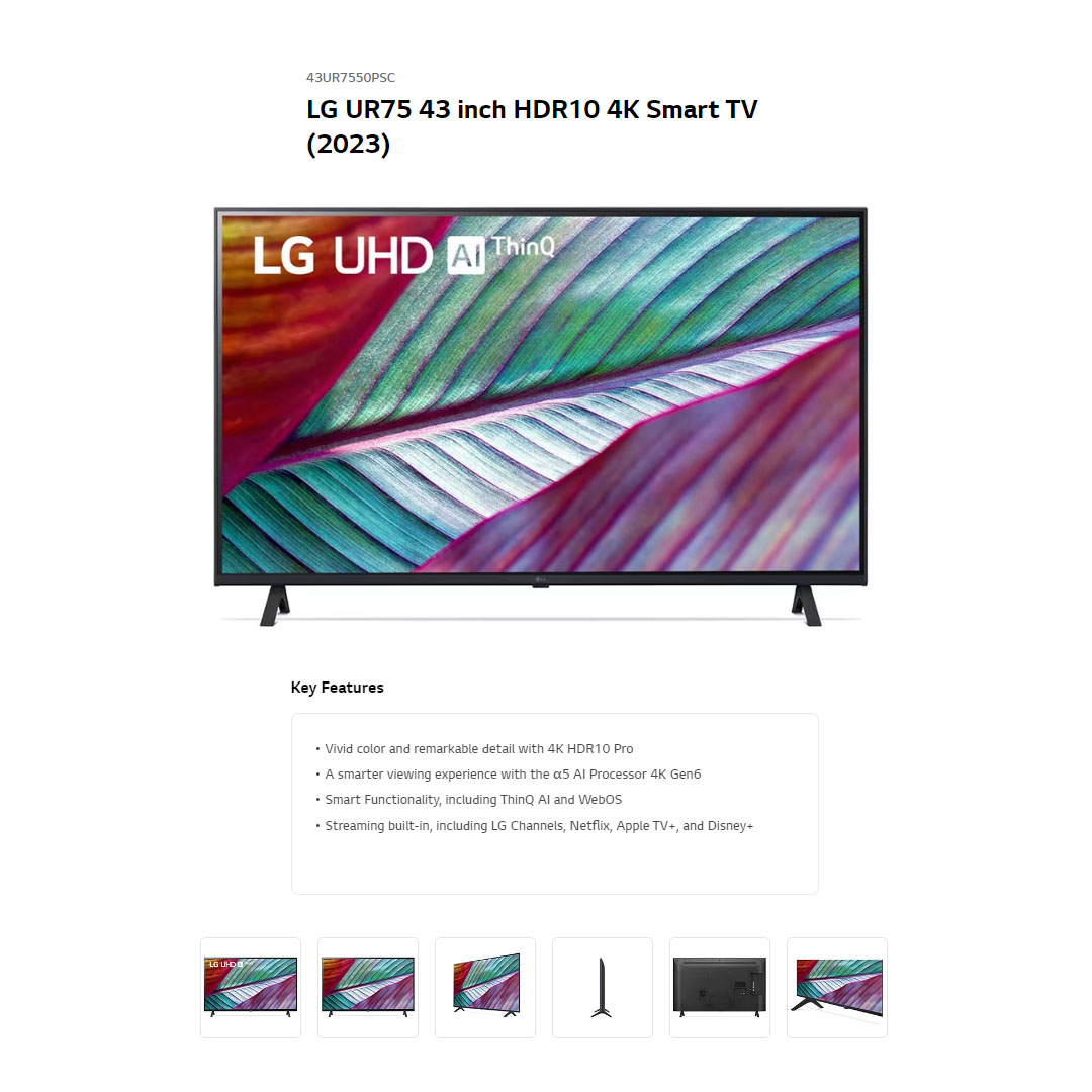 LG 43" 4K Smart TV with AI ThinQ 43UR7550PSC | AI Sound | Wi-Fi | Filmmaker Mode | Netflix | Smart TV with 2 Year Warranty