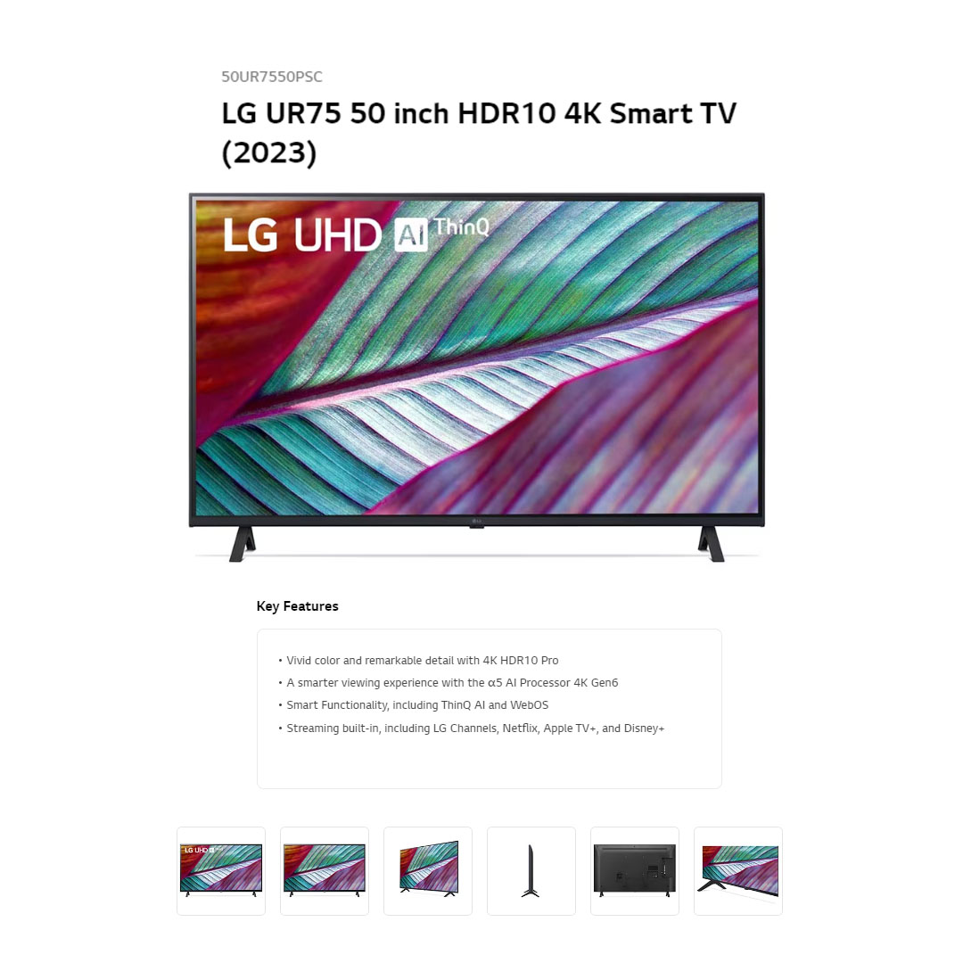 LG 50" 4K Smart TV with AI ThinQ 50UR7550PSC | AI Sound | Wi-Fi | Filmmaker Mode | Netflix | Smart TV with 2 Year Warranty